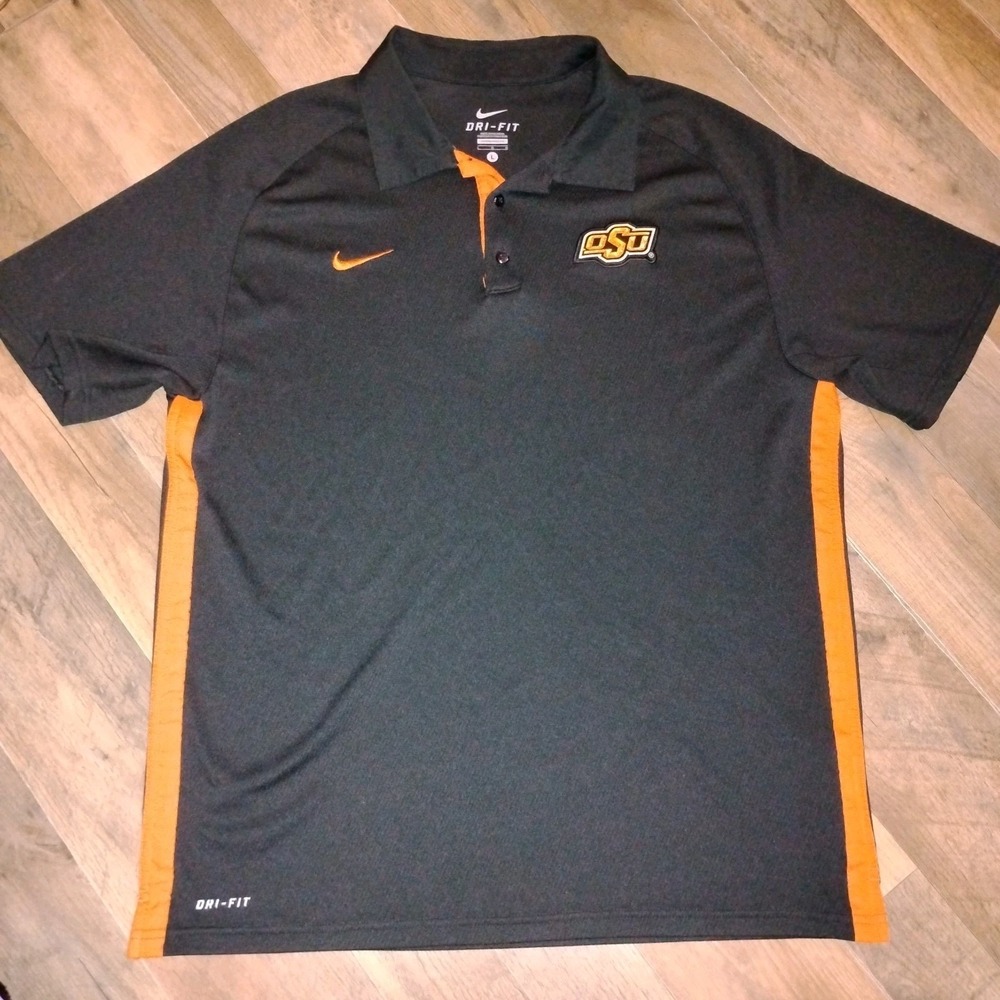 Mens Nike OSU Dri Fit Polo Shirt L Large Black Orange NCAA Oklahoma State -14